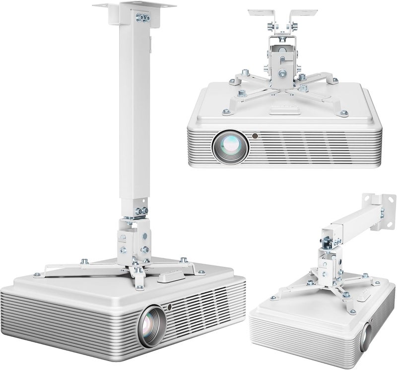 PEGZONE Projector Ceiling Mount with Extension Pole, Wall&Ceiling Adjustable Bracket 3-in-1, Universal Projector Holder for Home Theater & Office, 44lbs, Compatible with Epson/Optoma, White - Image 1